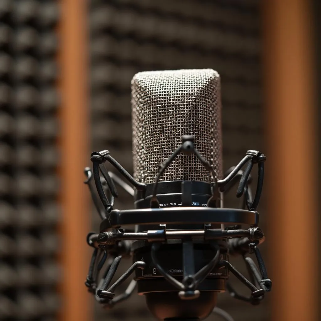 Detalle de un micrófono profesional en un estudio de VocalesYA